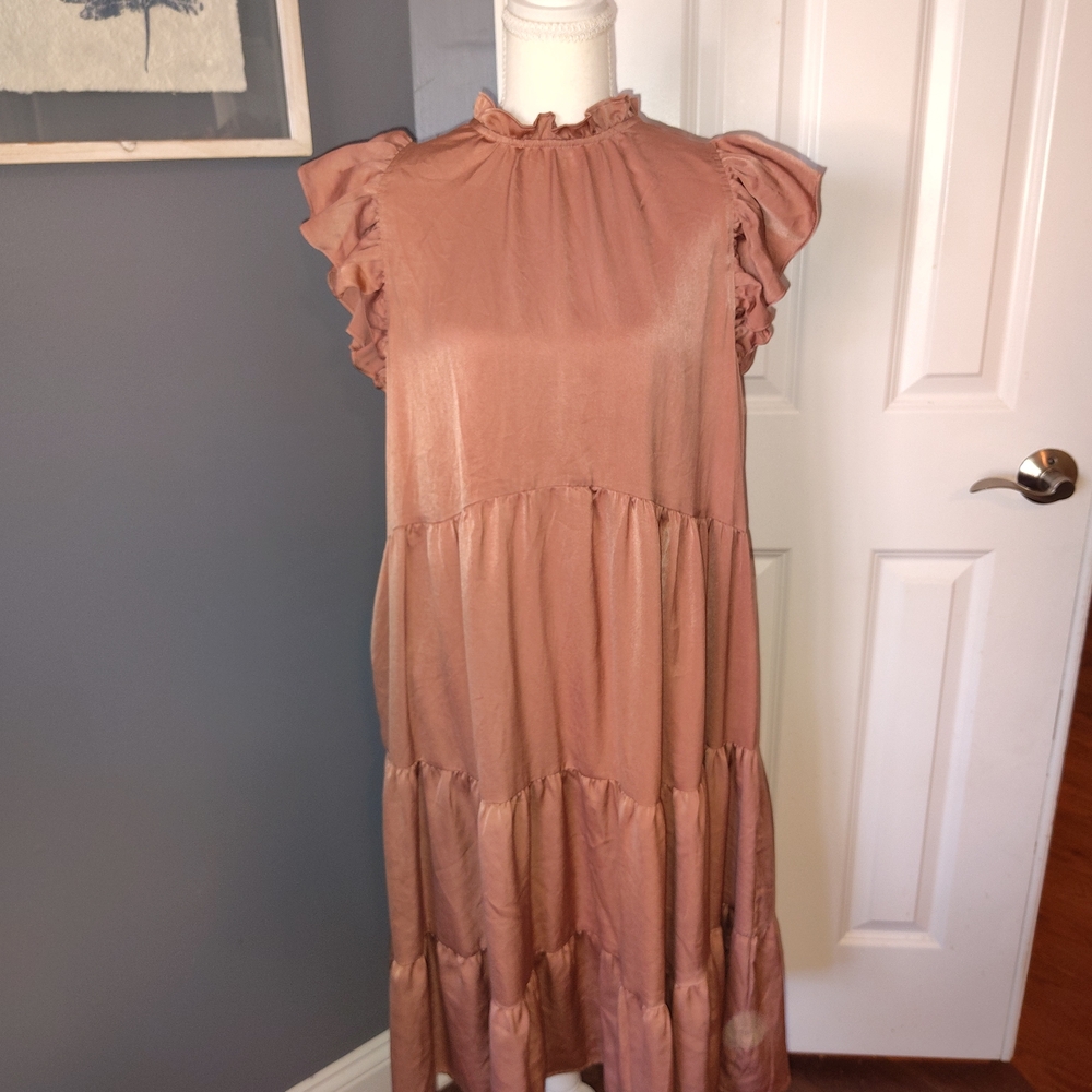 Pinch Ruffled Sleeve Midi Dress‎ in Brown